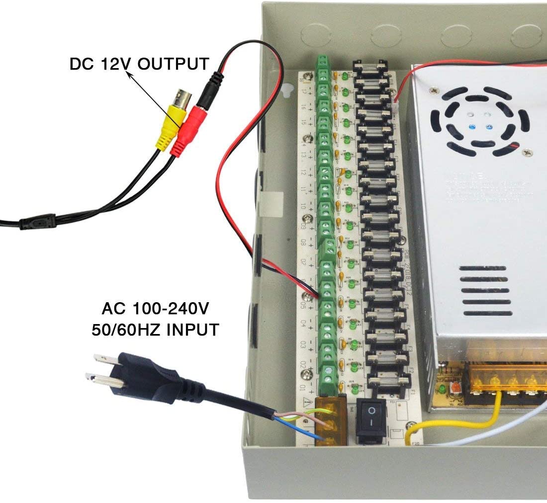 18 Channel 12V DC CCTV Power Supply Box - 12A Output For Multi-Camera Security Systems